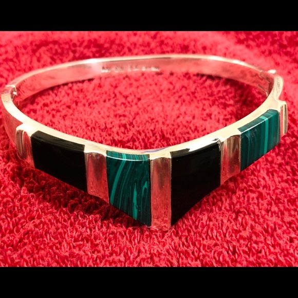 Modernist Malachite Green, Onyx, Sterling Bracelet - Picture 3 of 4